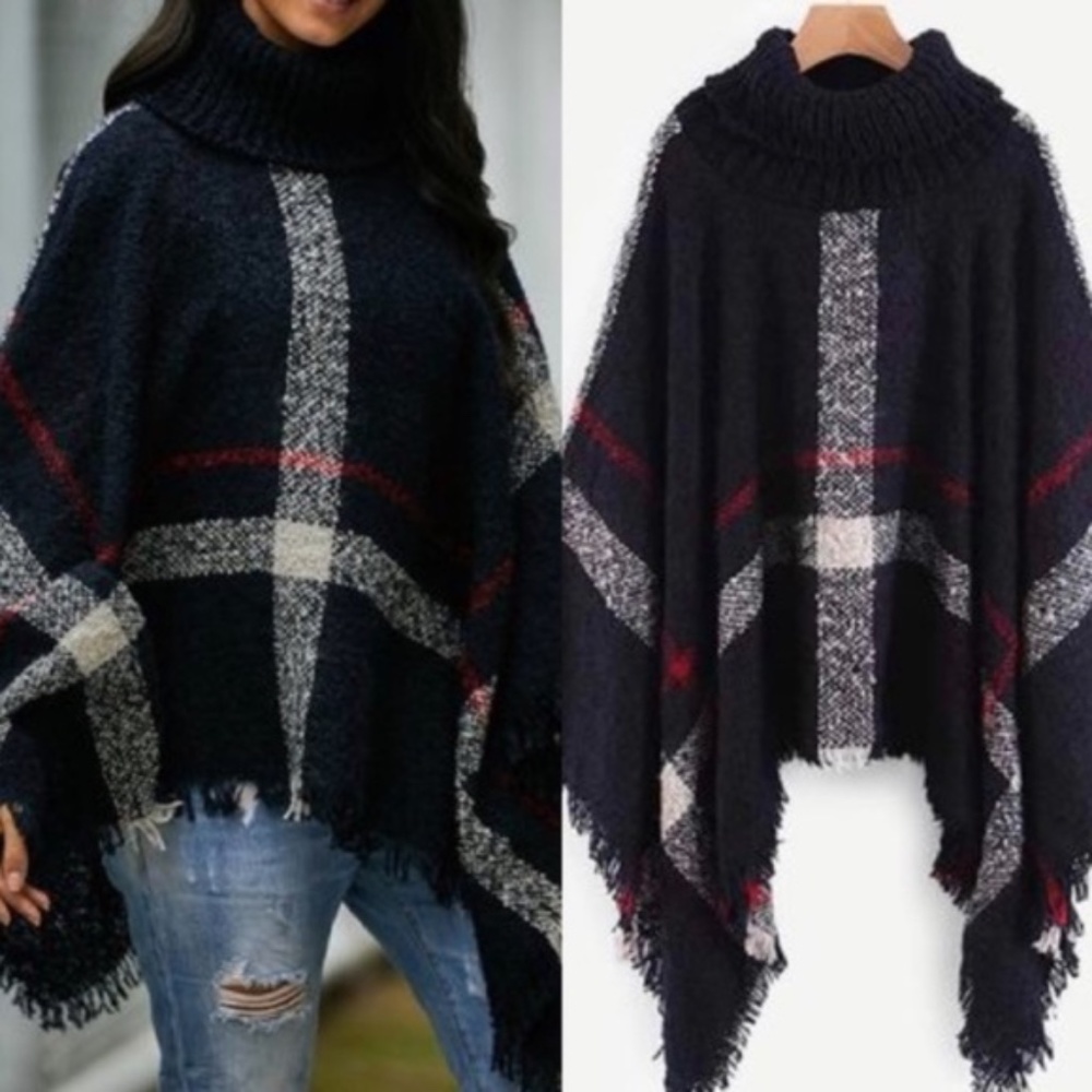 Cozy Navy Blue Turtleneck Plaid Frayed Hem Poncho - Picture 9 of 13